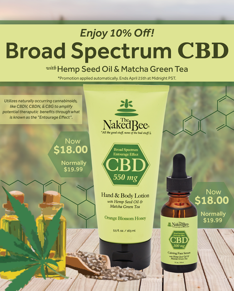 "Enjoy 10% Off! Broad Spectrum CBD with Hemp Seed Oil & Matcha Green Tea. Promotion applied automatically. Ends April 25th at Midnight PST."